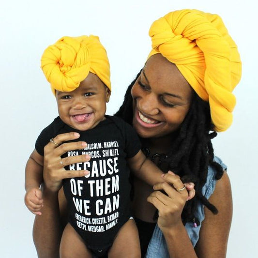 mommy & me in stretch wrap headwrap yellow