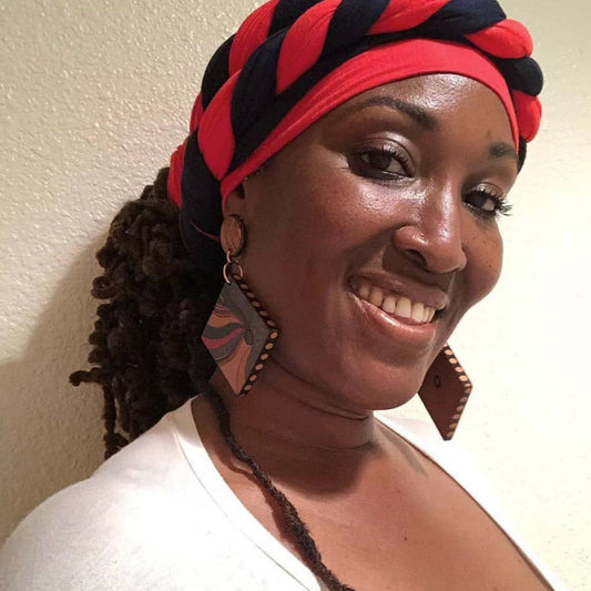 women in black and red stretch headwrap in double halo style