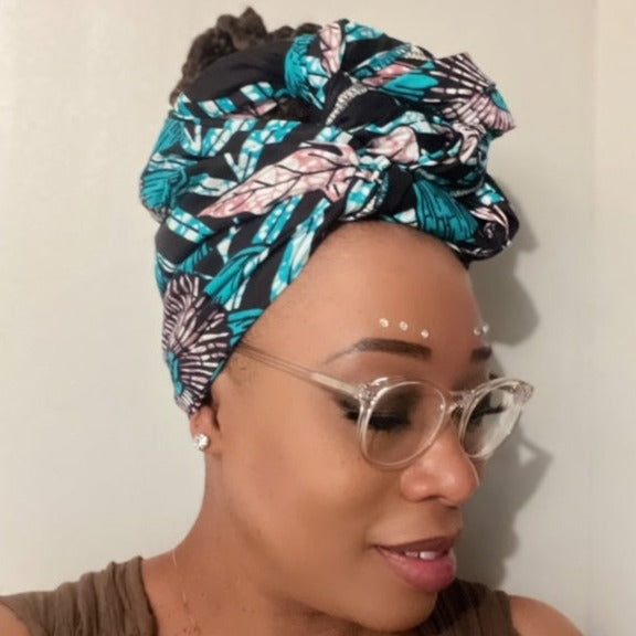 black, teal, pink & white floral printed ankara head wrap