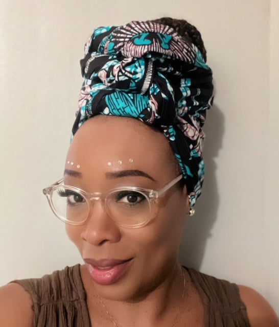 black, pink, teal & white floral printed ankara head wrap