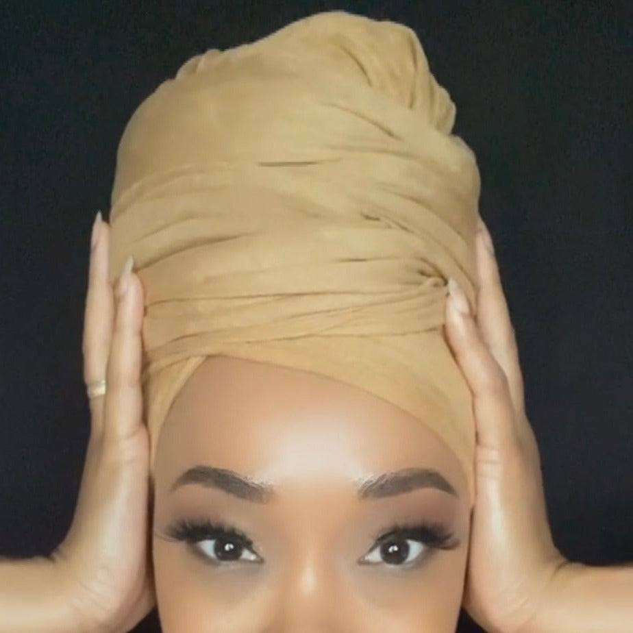 model in faux suede light brown head wrap