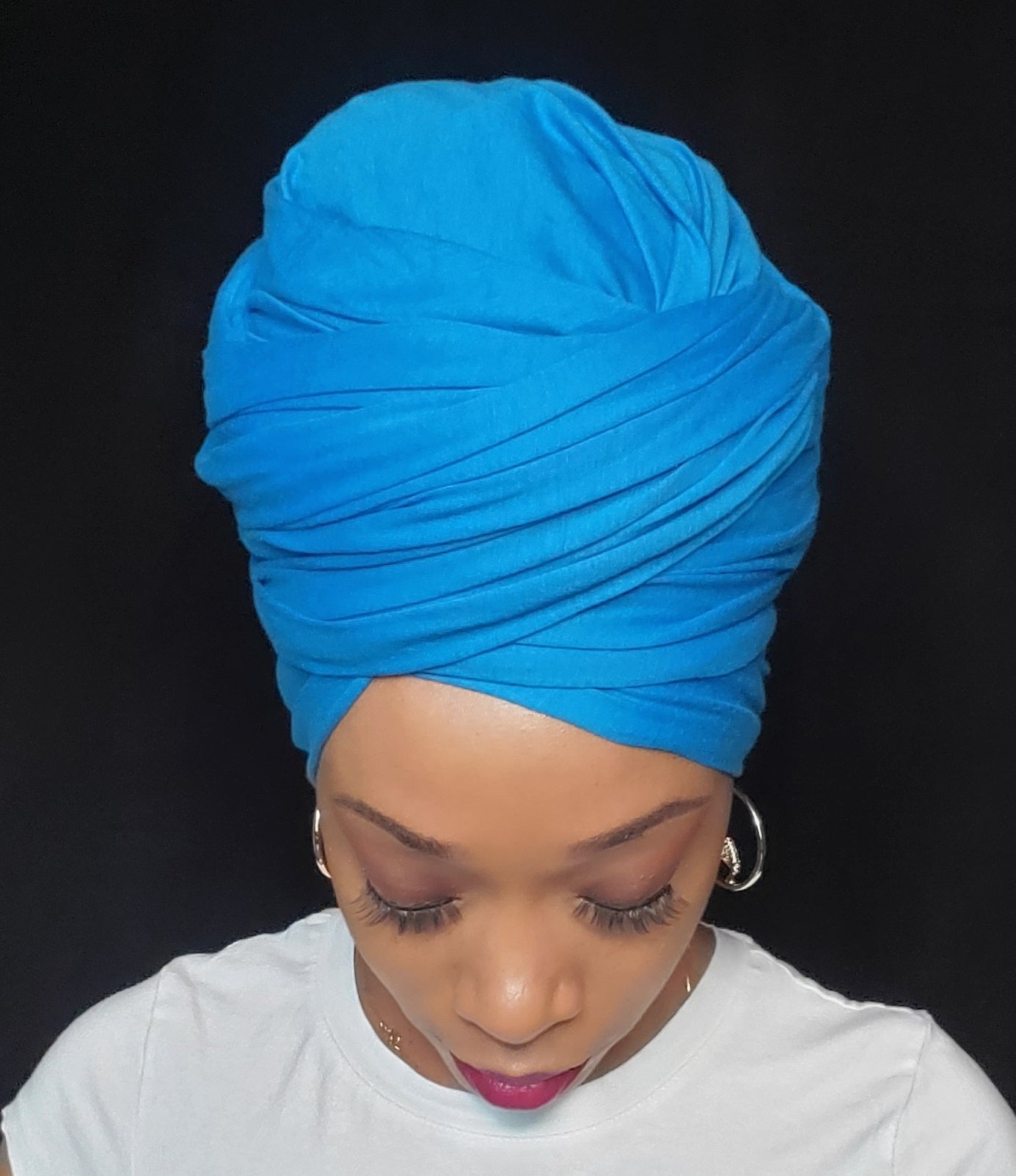 women wear stretchy sky blue headwrap