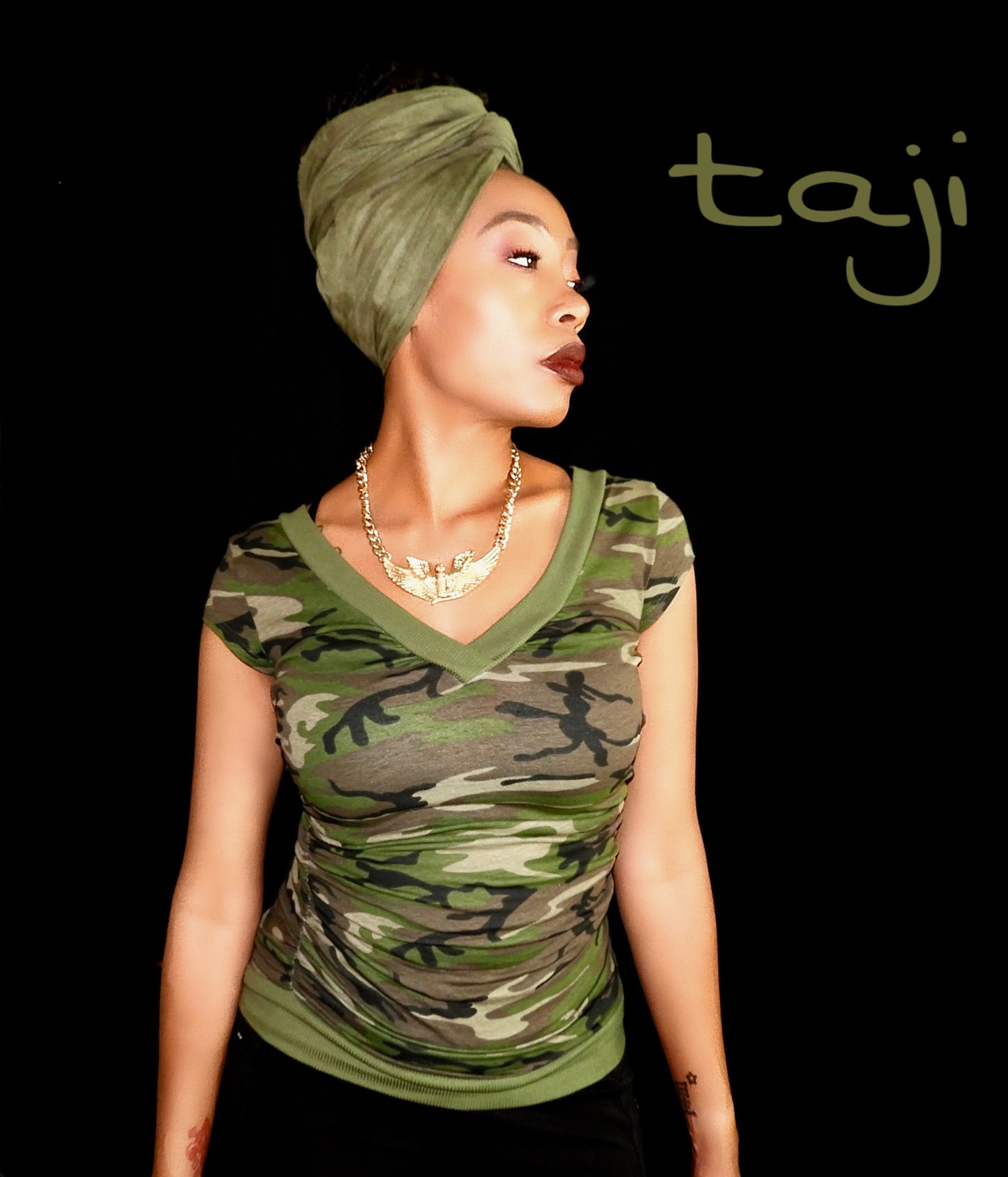 model in faux suede army green wrap