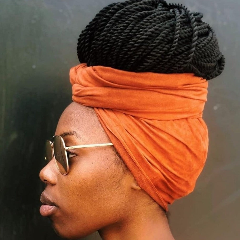 faux suede burnt orange head wrap, soft textured and stretchy