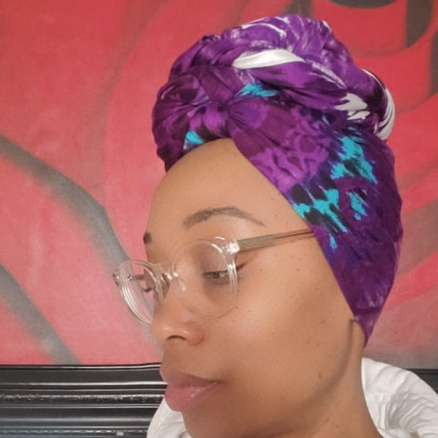 women in stretch wrap purple white teal grey headwrap